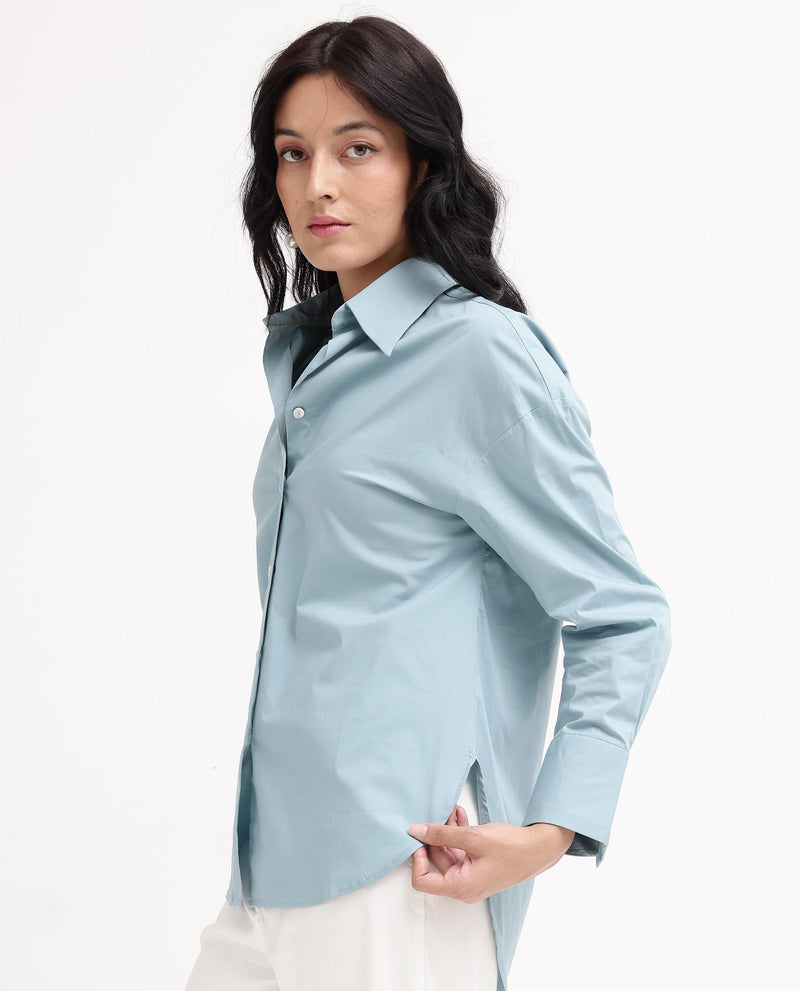 Rareism Women Matsue Light Blue Cotton Fabric Full Sleeve Collared Neck   Solid Shirt