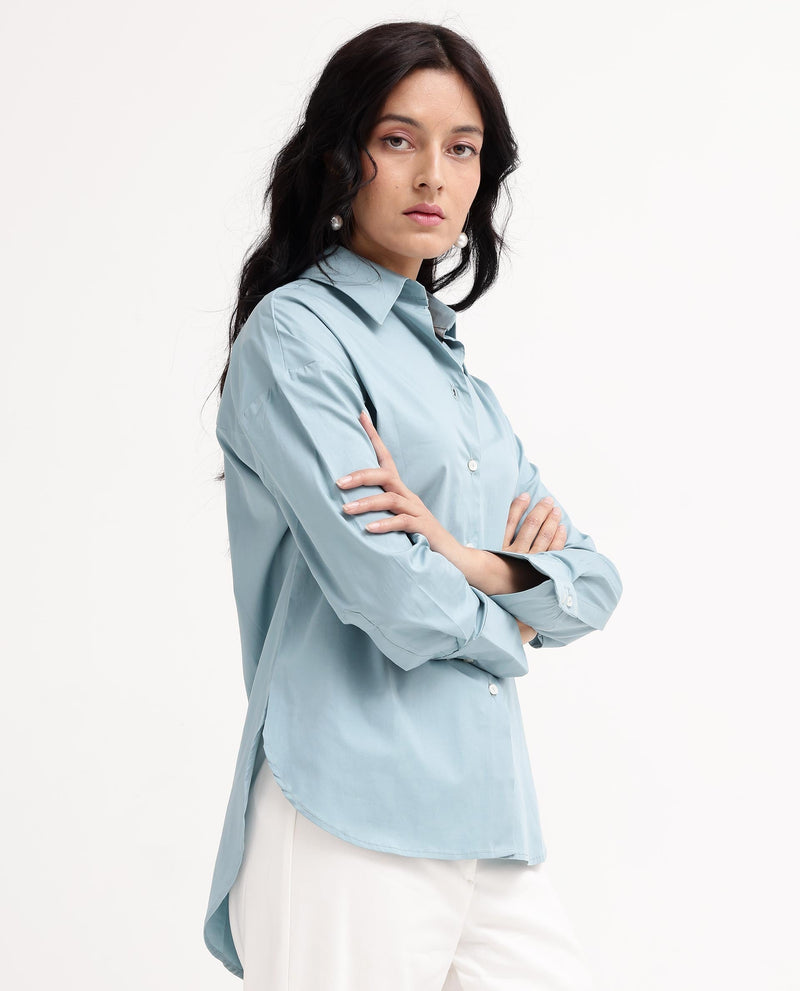 Rareism Women Matsue Light Blue Cotton Fabric Full Sleeve Collared Neck   Solid Shirt