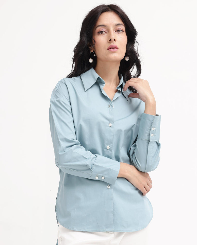 Rareism Women Matsue Light Blue Cotton Fabric Full Sleeve Collared Neck   Solid Shirt