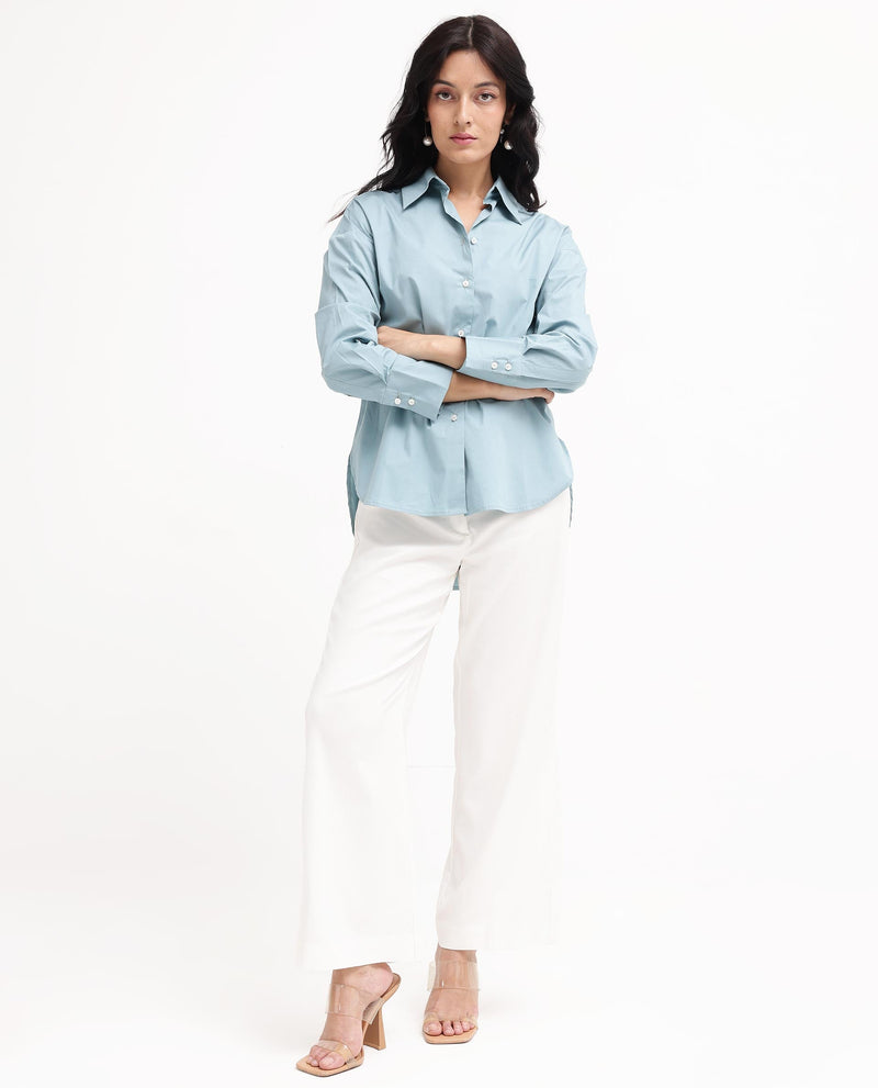 Rareism Women Matsue Light Blue Cotton Fabric Full Sleeve Collared Neck   Solid Shirt