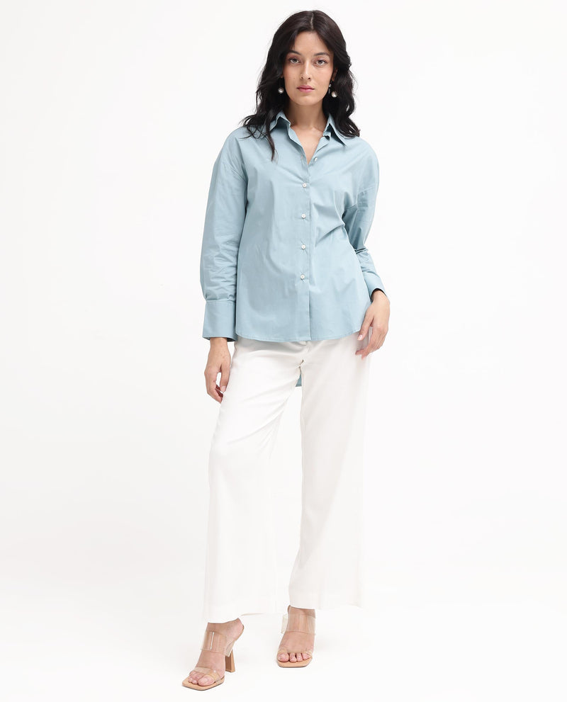 Rareism Women Matsue Light Blue Cotton Fabric Full Sleeve Collared Neck   Solid Shirt