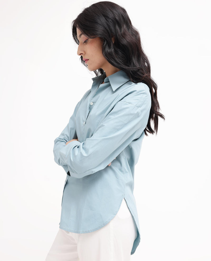 Rareism Women Matsue Light Blue Cotton Fabric Full Sleeve Collared Neck   Solid Shirt