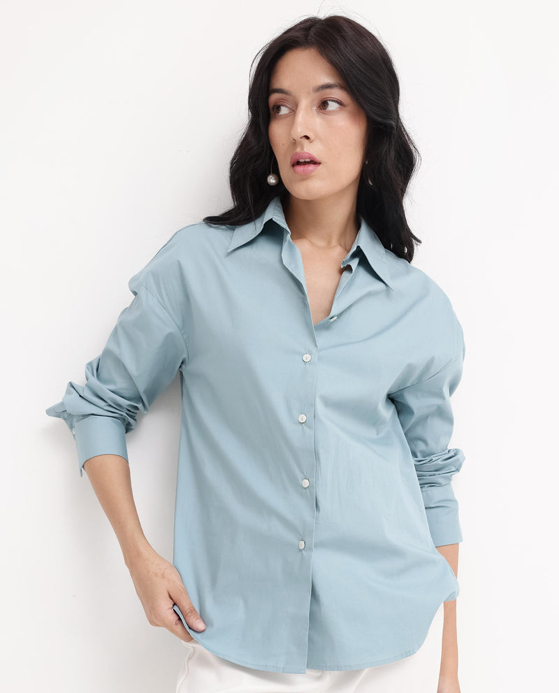 Rareism Women Matsue Light Blue Cotton Fabric Full Sleeve Collared Neck   Solid Shirt