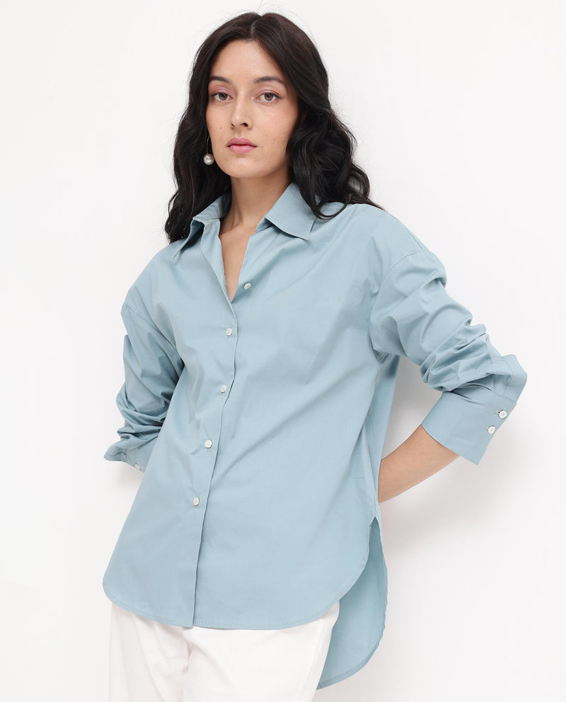 Rareism Women Matsue Light Blue Cotton Fabric Full Sleeve Collared Neck   Solid Shirt