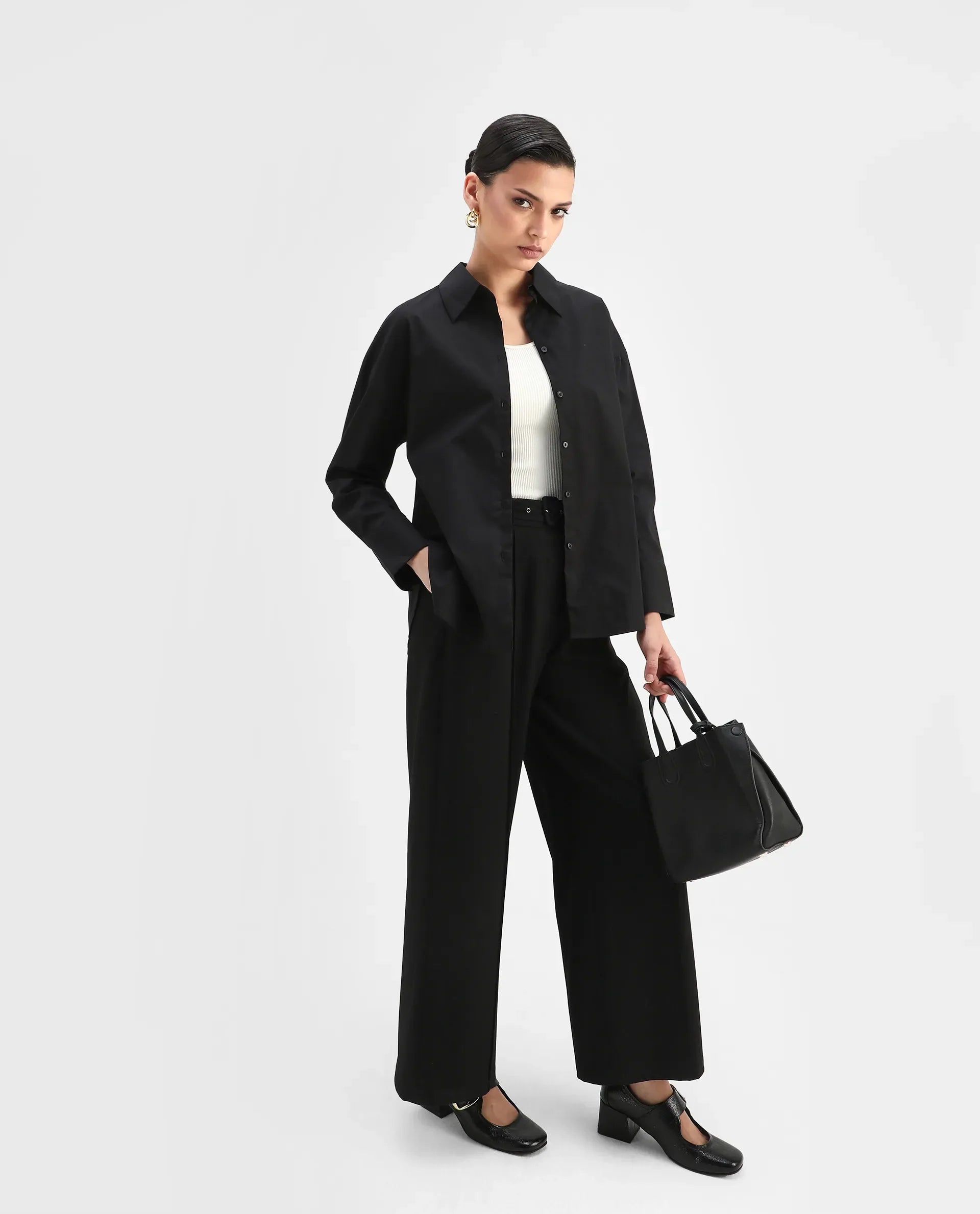 Rareism Women's Matsue Black Drop Collar Plain Cuffed Sleeve Boxy Fit Shirt