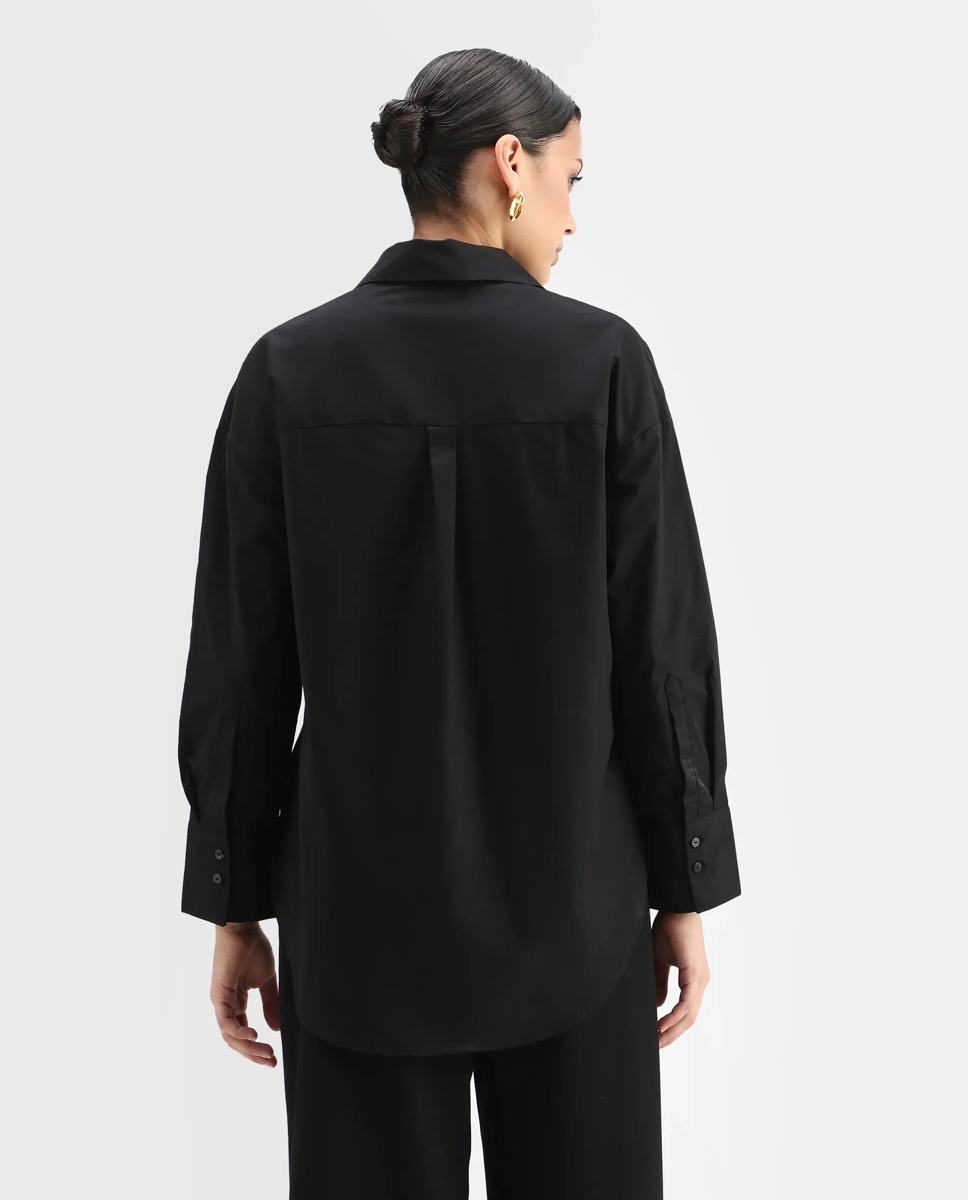 Rareism Women's Matsue Black Drop Collar Plain Cuffed Sleeve Boxy Fit Shirt