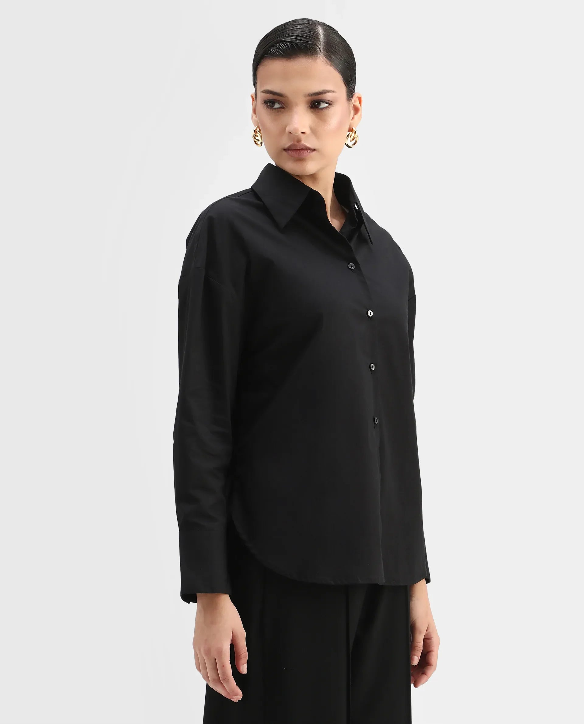 Rareism Women's Matsue Black Drop Collar Plain Cuffed Sleeve Boxy Fit Shirt