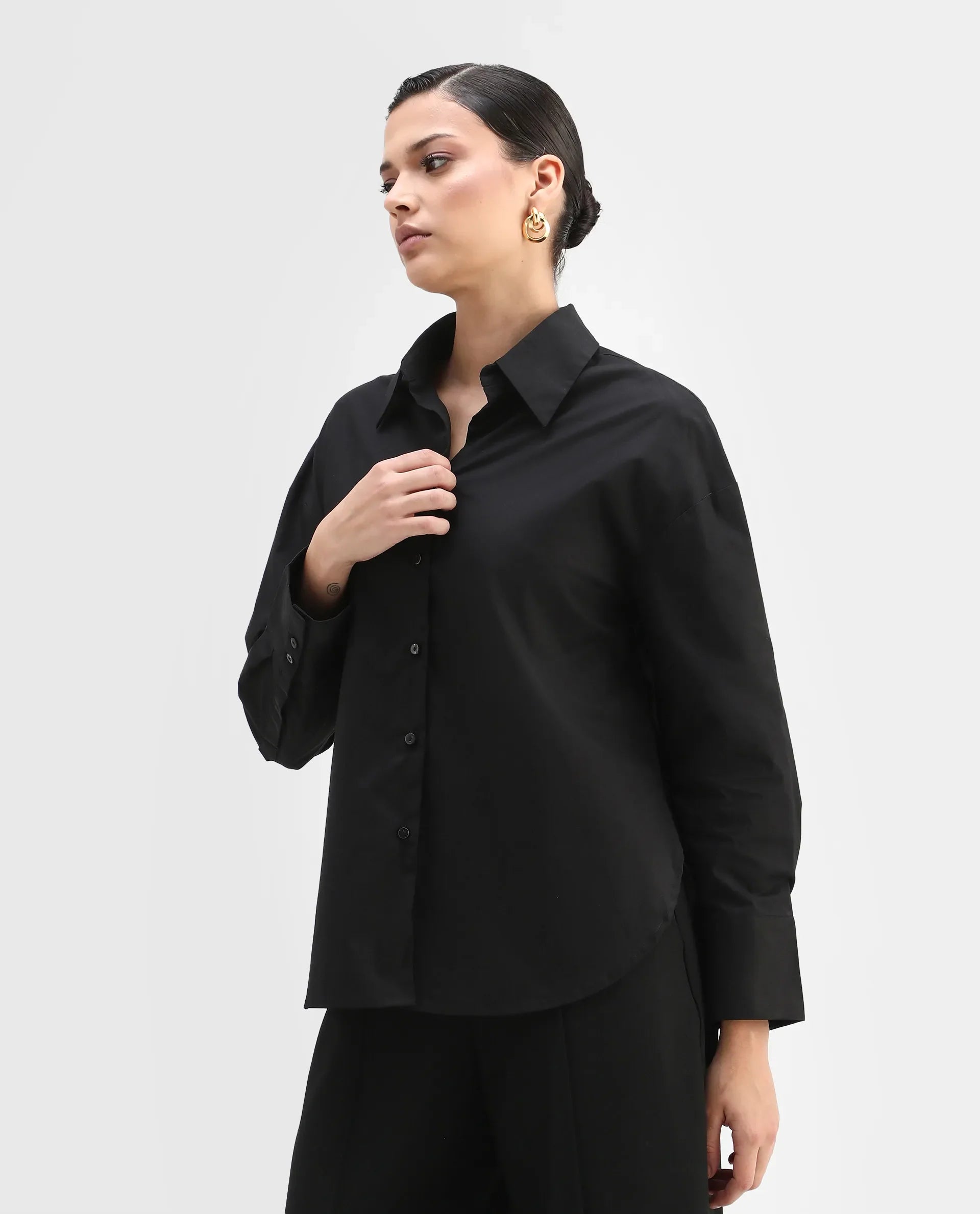 Rareism Women's Matsue Black Drop Collar Plain Cuffed Sleeve Boxy Fit Shirt