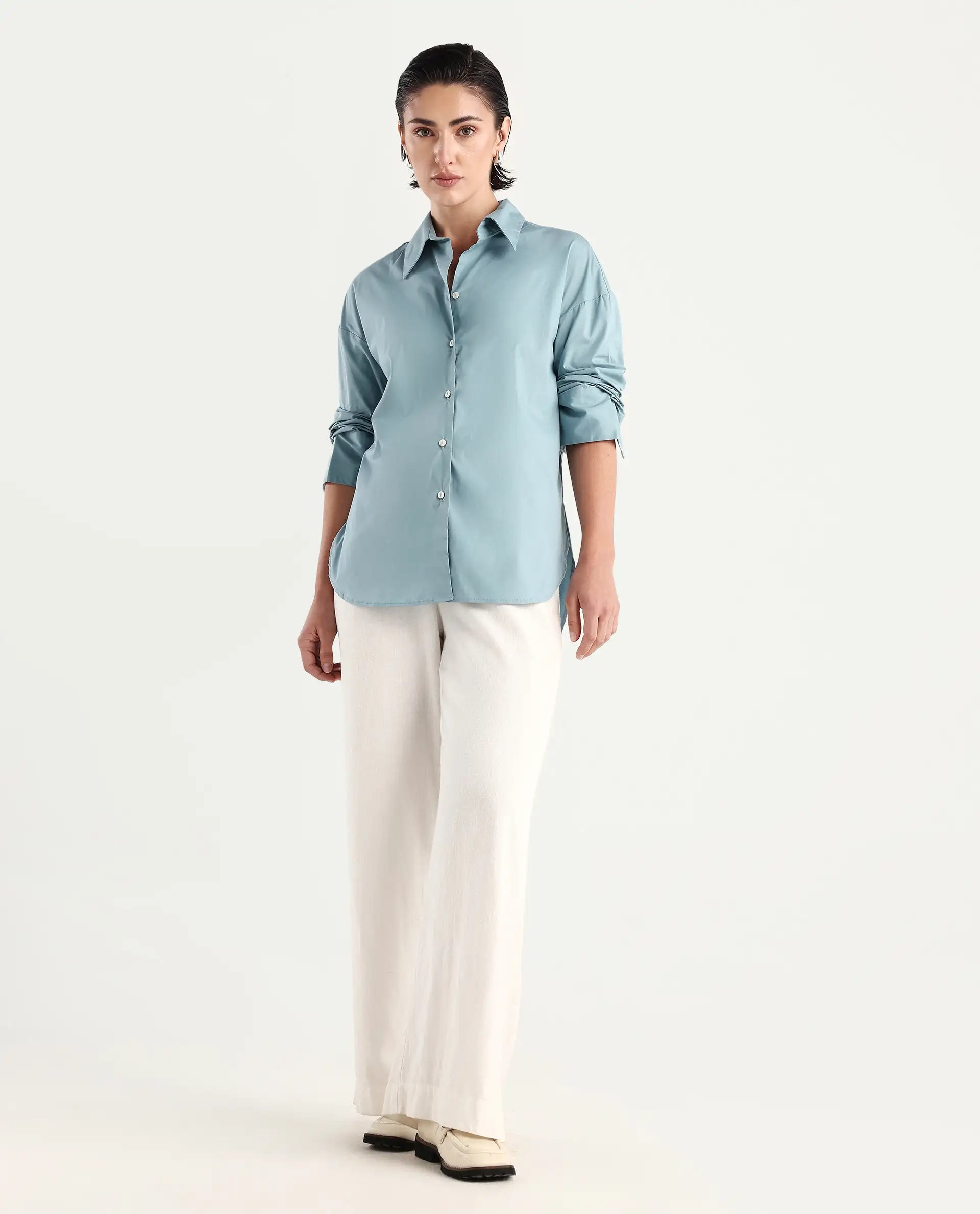 Rareism Women's Matsue Light Blue Drop Collar Plain Cuffed Sleeve Boxy Fit Shirt