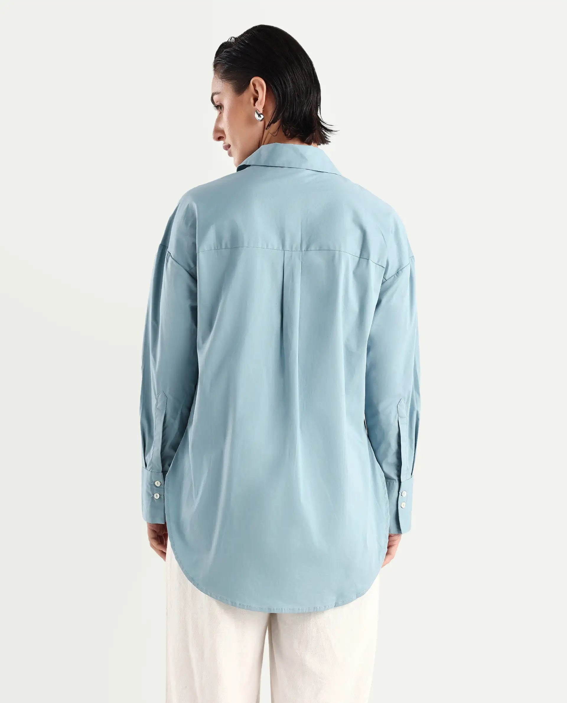 Rareism Women's Matsue Light Blue Drop Collar Plain Cuffed Sleeve Boxy Fit Shirt