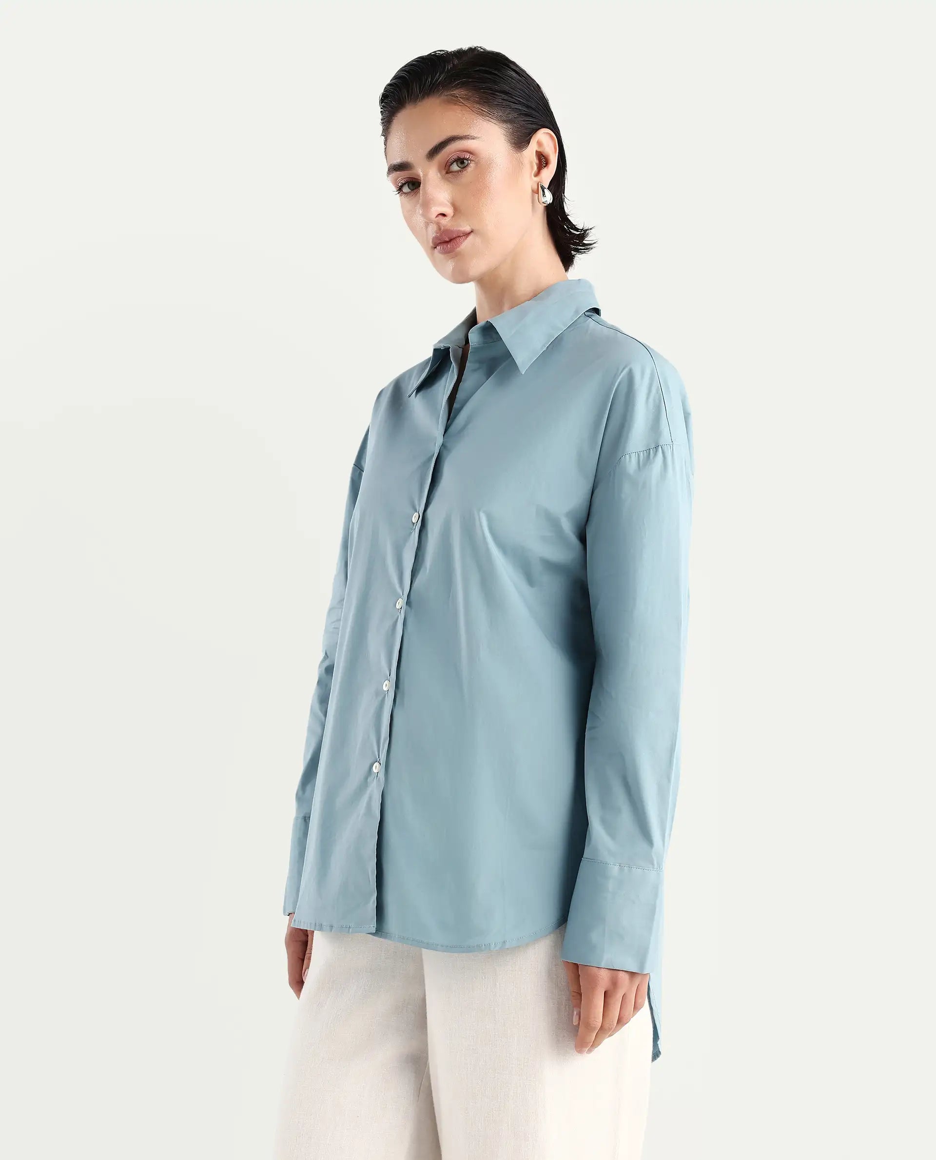 Rareism Women's Matsue Light Blue Drop Collar Plain Cuffed Sleeve Boxy Fit Shirt