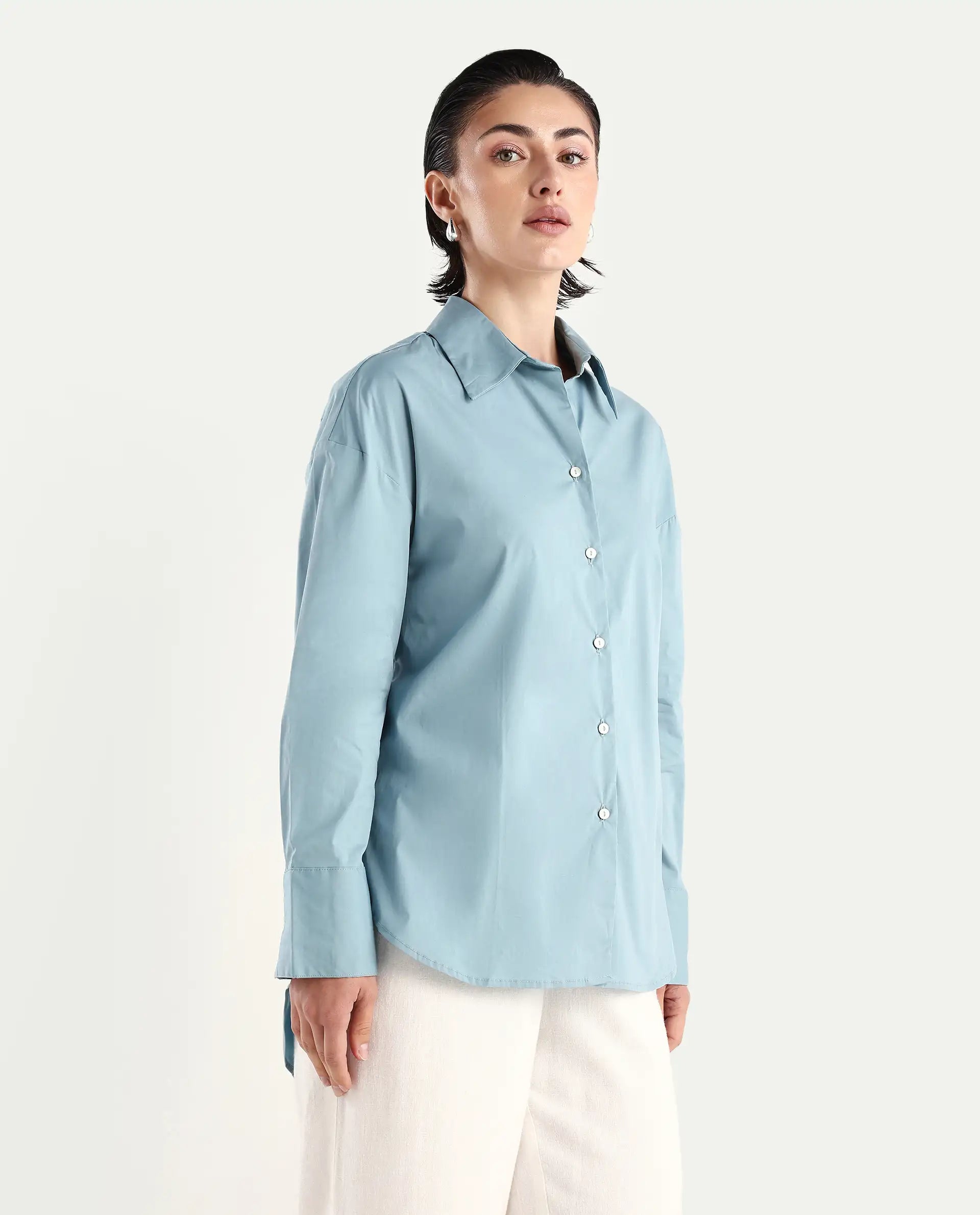 Rareism Women's Matsue Light Blue Drop Collar Plain Cuffed Sleeve Boxy Fit Shirt