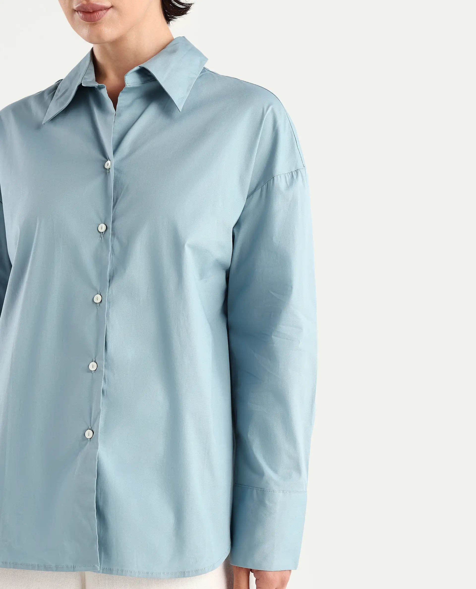 Rareism Women's Matsue Light Blue Drop Collar Plain Cuffed Sleeve Boxy Fit Shirt