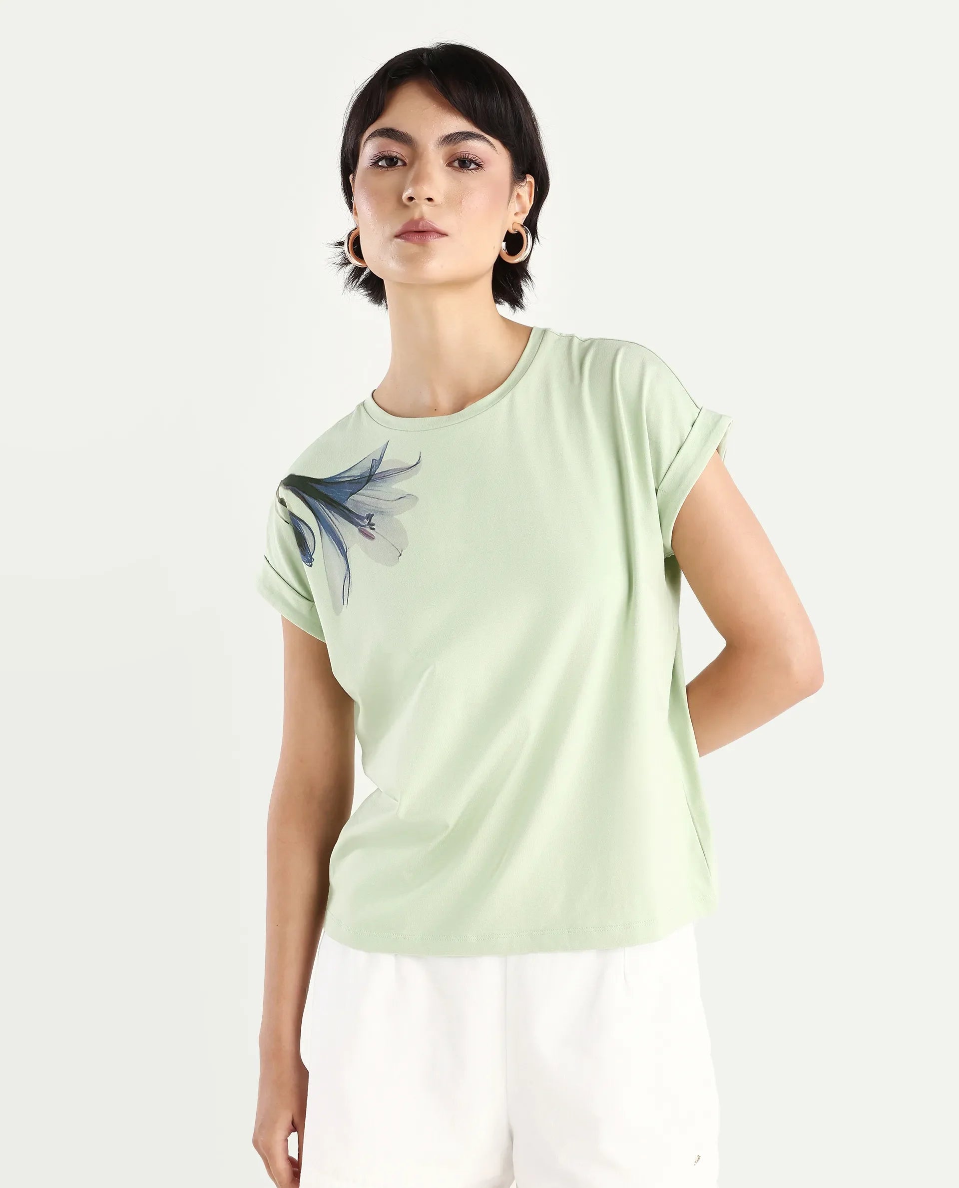 Rareism Women's Mattadu Pastel Green Cotton Blend Crew Neck Graphic Print Extended Sleeves Regular Fit T-Shirt