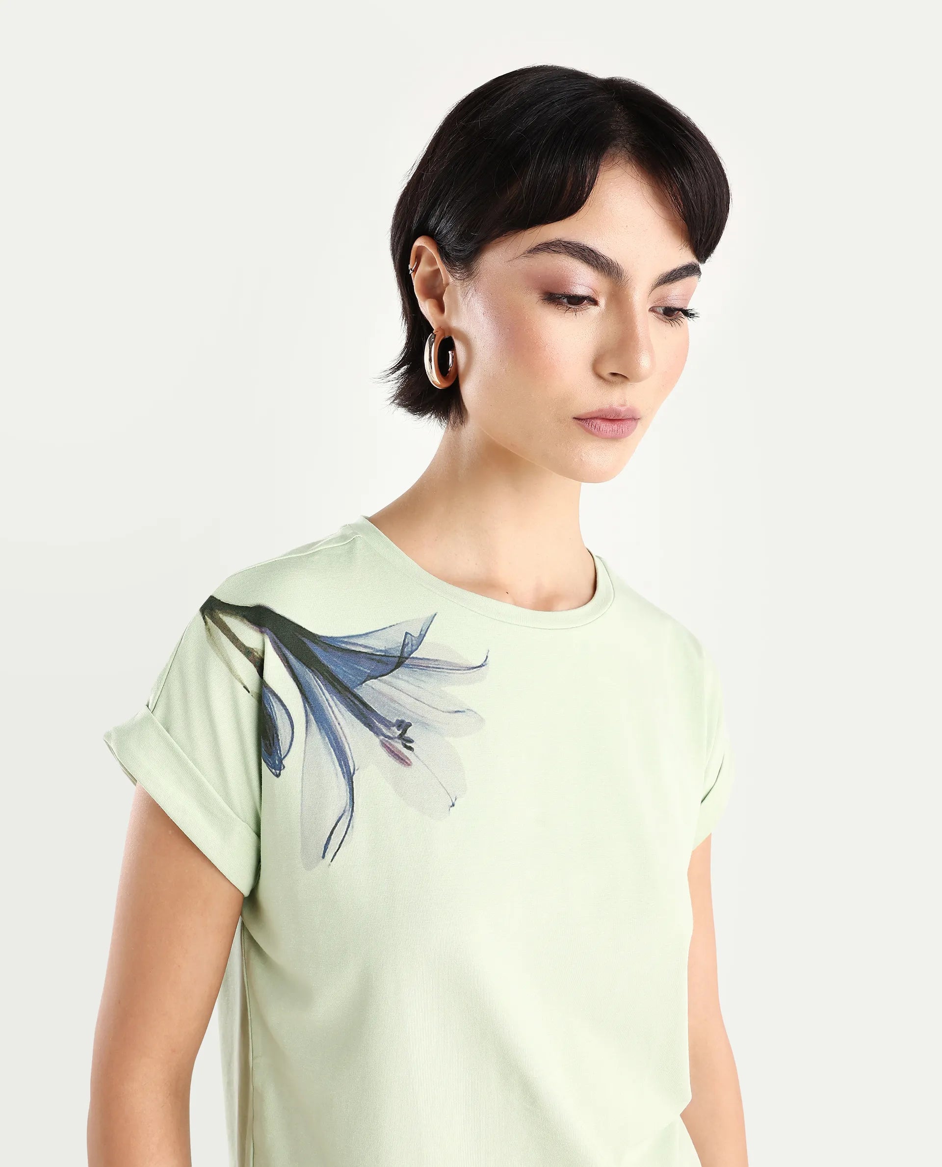 Rareism Women's Mattadu Pastel Green Cotton Blend Crew Neck Graphic Print Extended Sleeves Regular Fit T-Shirt