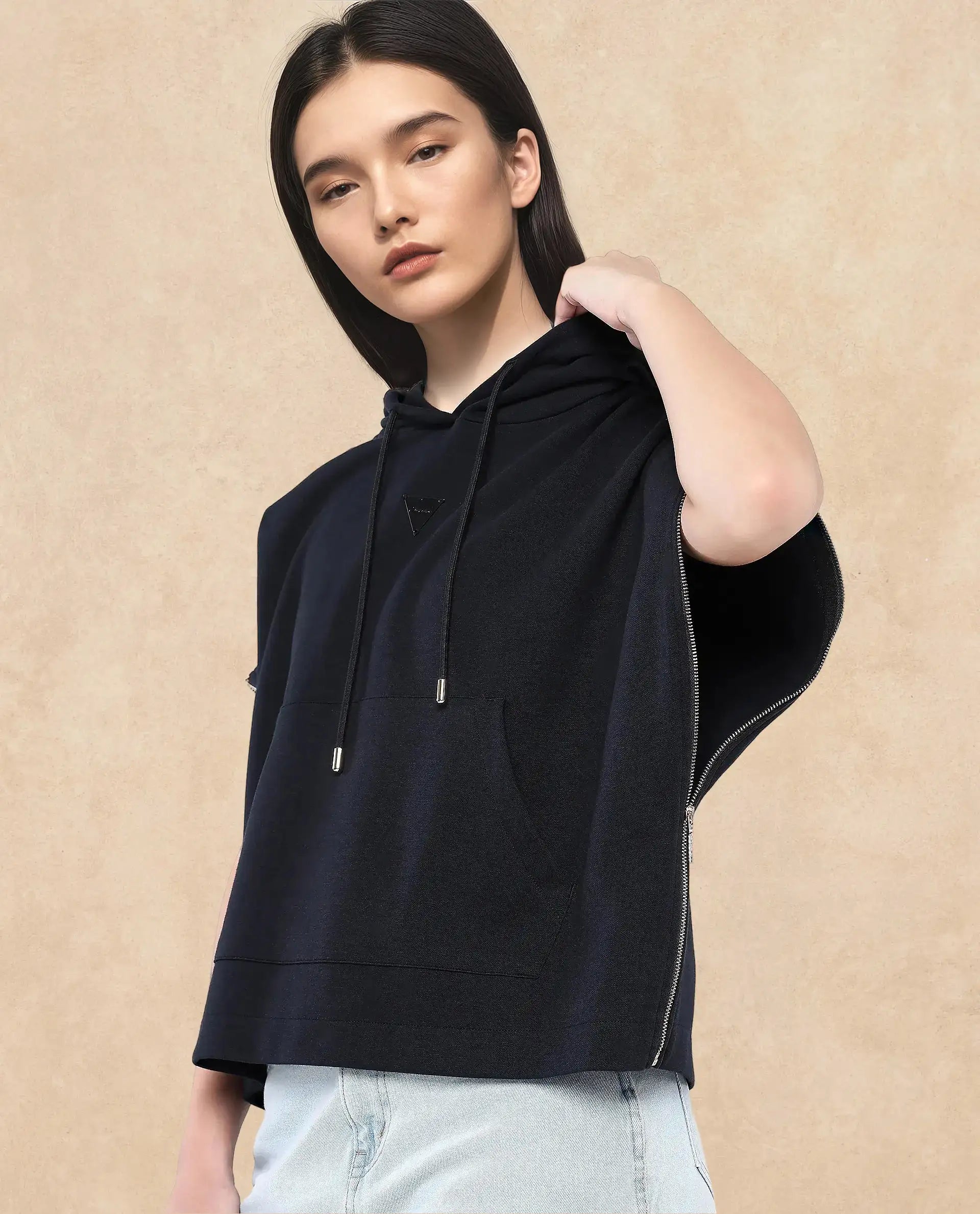 Rareism Women Matthew Black Cotton Blend Fabric Extended Sleeves Hooded Zipper Closure Relaxed Fit Plain Sweatshirt