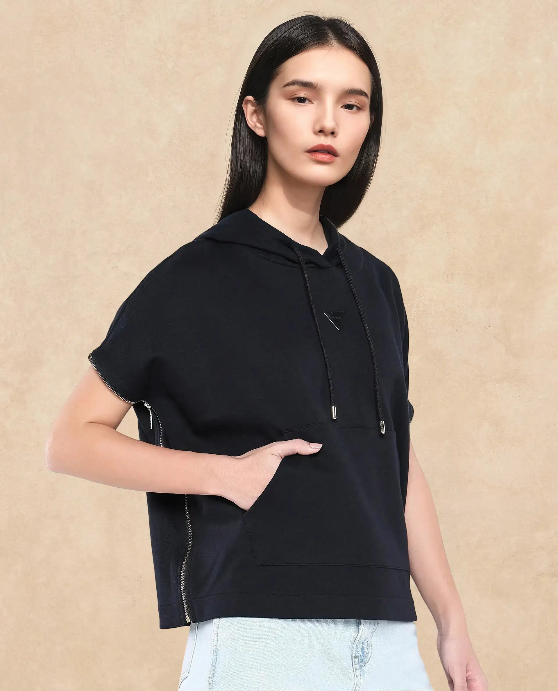 Rareism Women Matthew Black Cotton Blend Fabric Extended Sleeves Hooded Zipper Closure Relaxed Fit Plain Sweatshirt