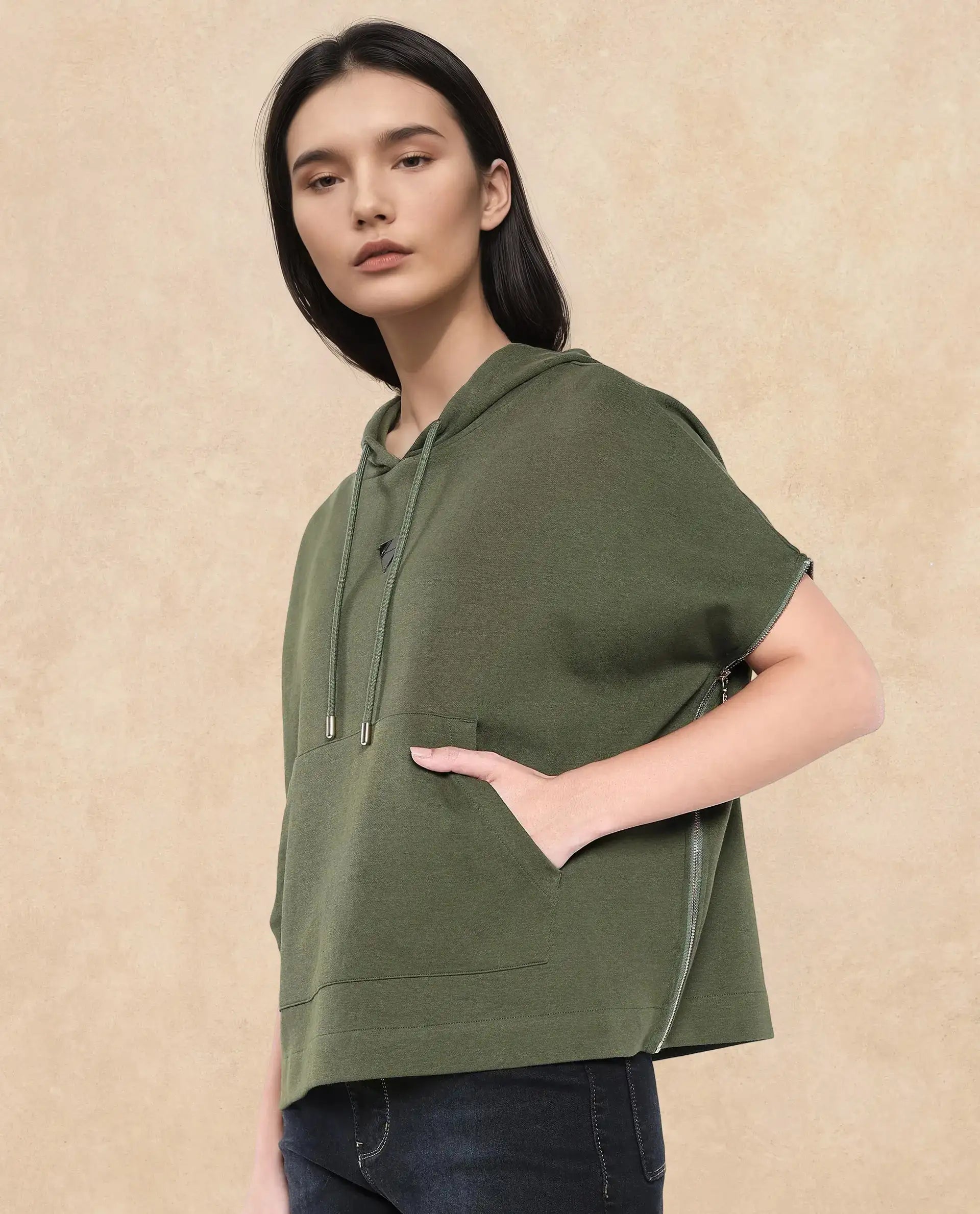 Rareism Women's Matthew Olive Cotton Blend Hooded Plain Extended Sleeves Relaxed Fit Sweatshirt