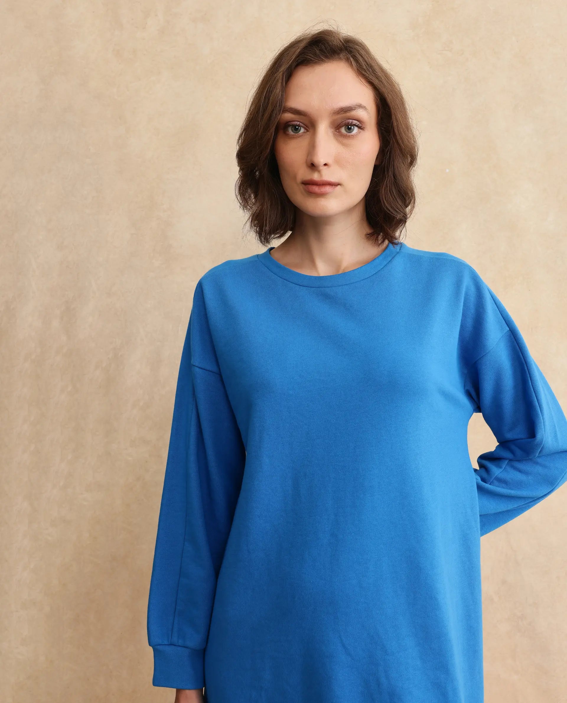 Rareism Women's Mauritz Blue Cotton Blend Crew Neck Plain Knee Length Relaxed Fit Sweatshirt