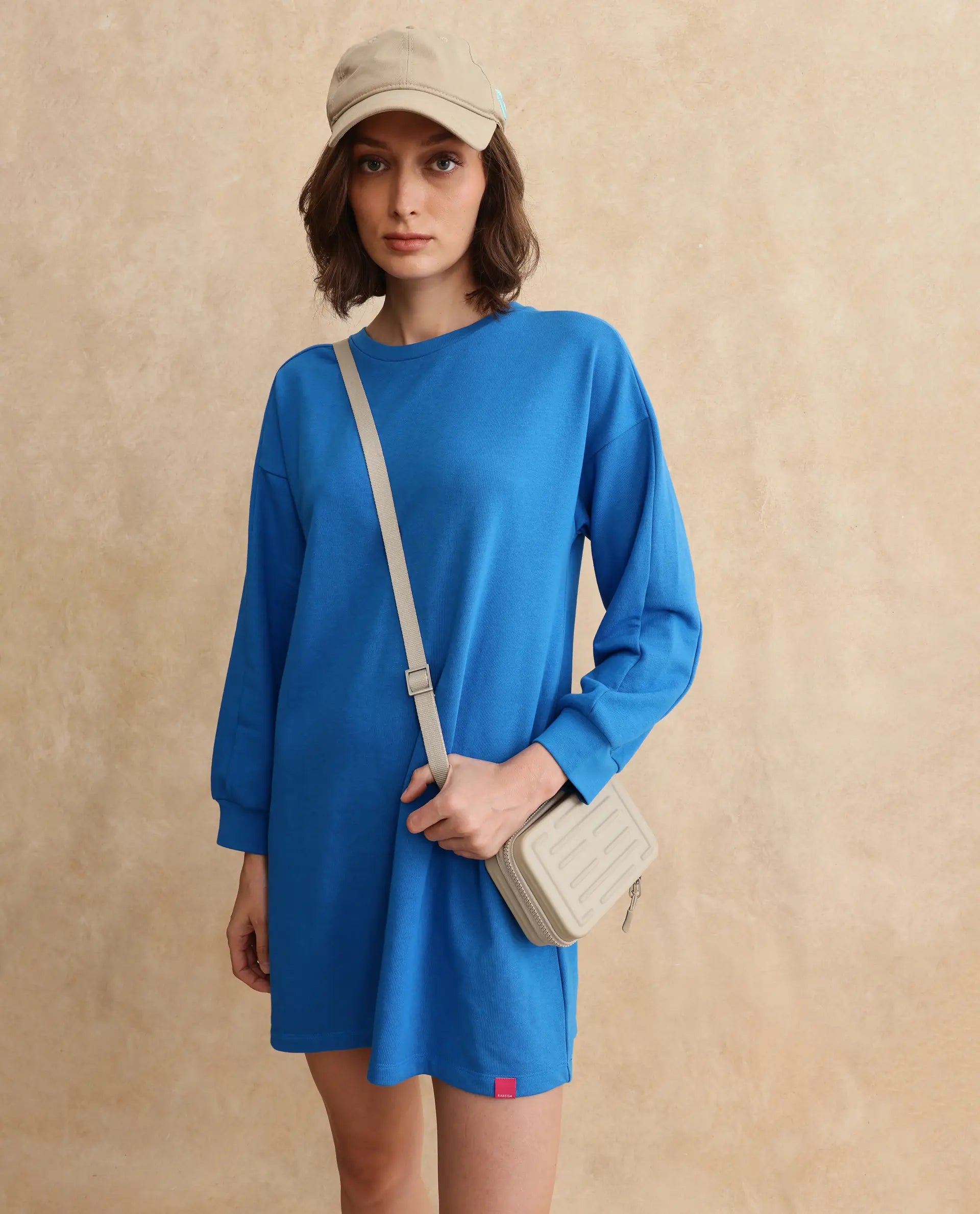 Rareism Women's Mauritz Blue Cotton Blend Crew Neck Plain Knee Length Relaxed Fit Sweatshirt