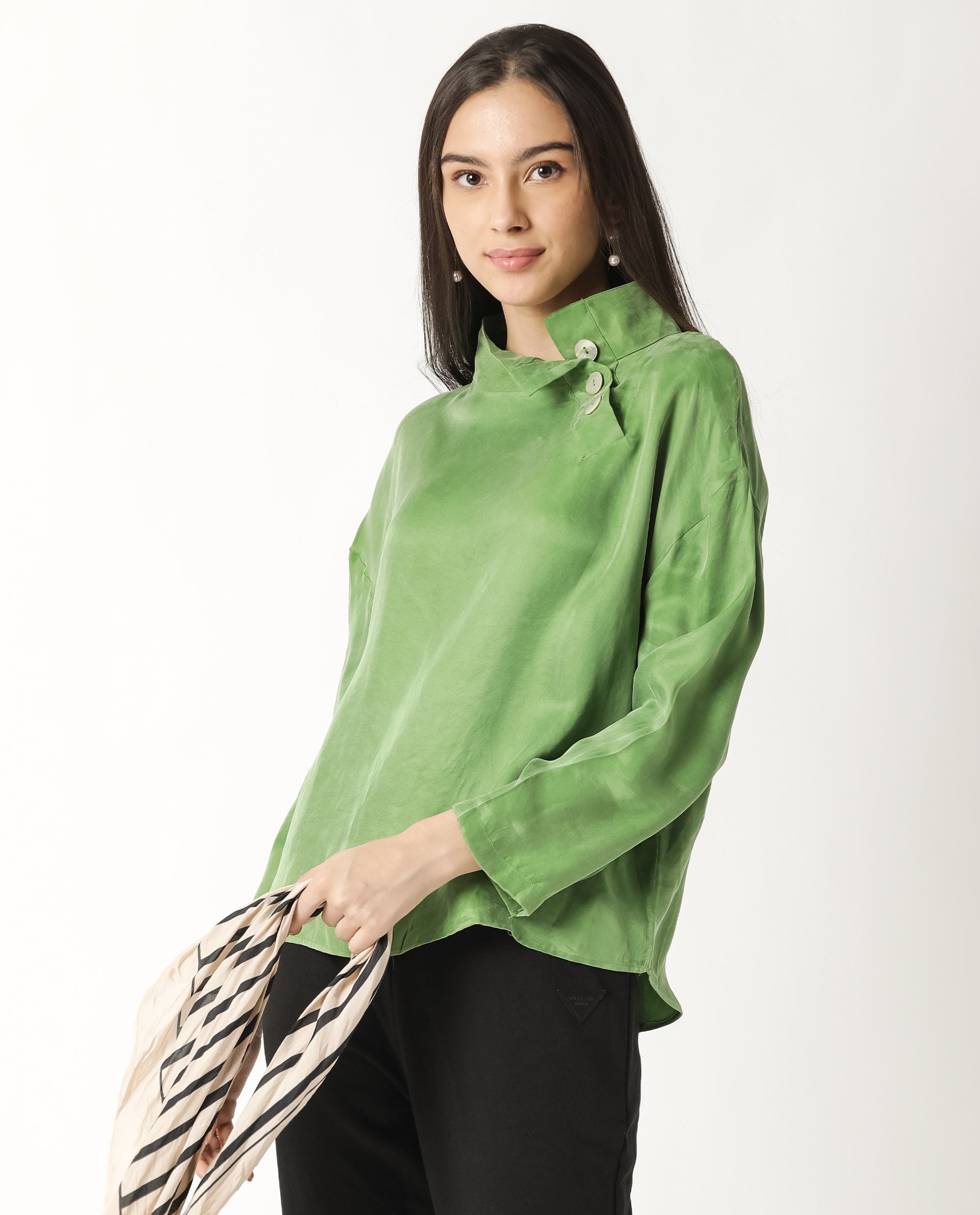 Rareism Womens Mawa Green Top Full Sleeve High Collared