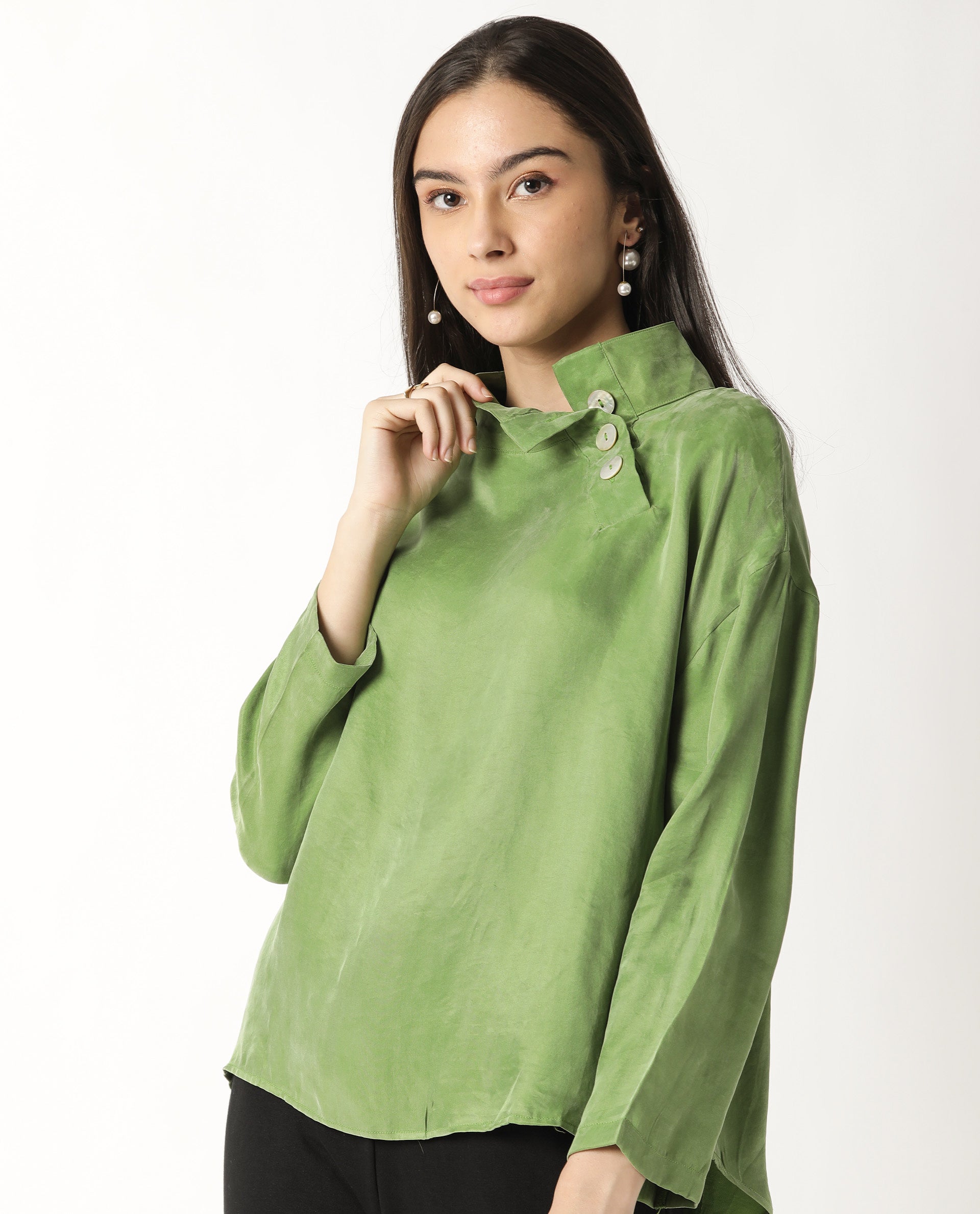 Rareism Womens Mawa Green Top Full Sleeve High Collared