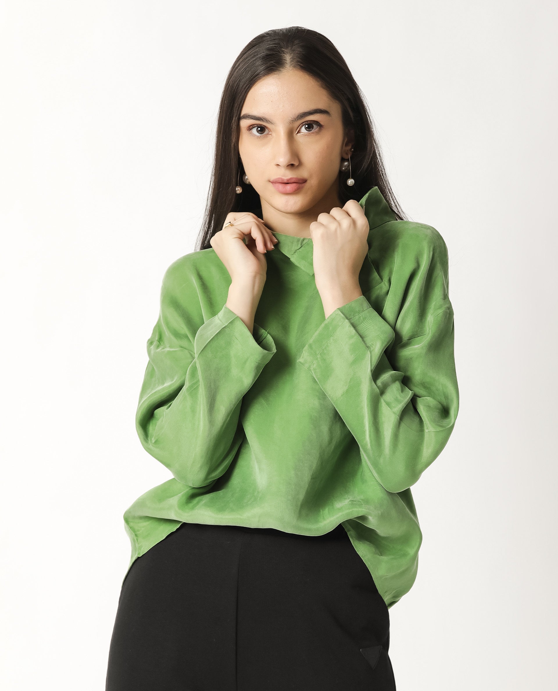 Rareism Womens Mawa Green Top Full Sleeve High Collared
