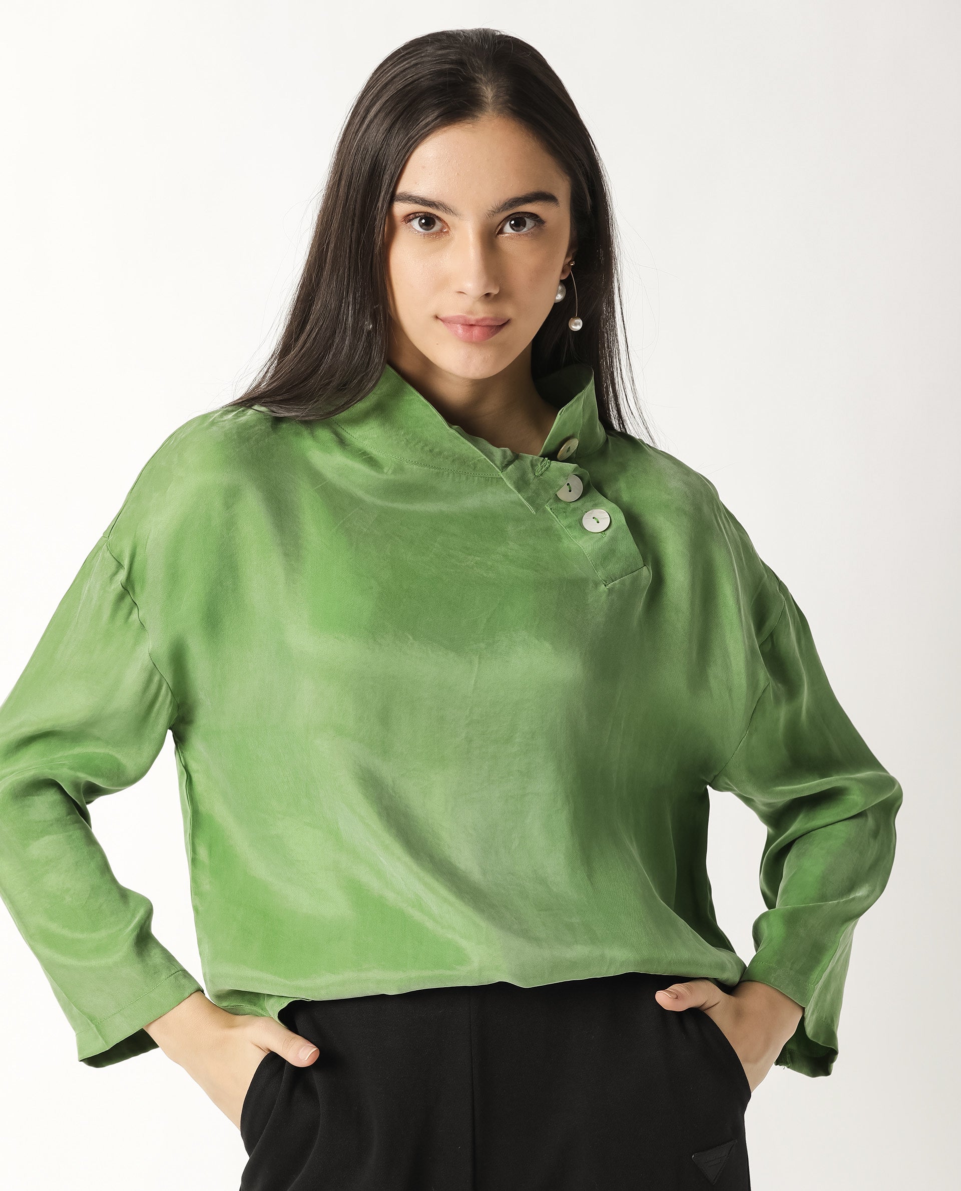 Rareism Womens Mawa Green Top Full Sleeve High Collared