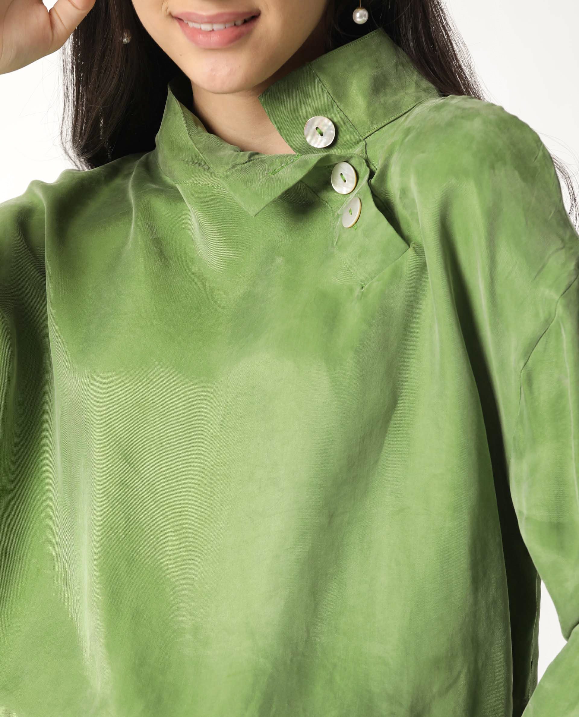 Rareism Womens Mawa Green Top Full Sleeve High Collared