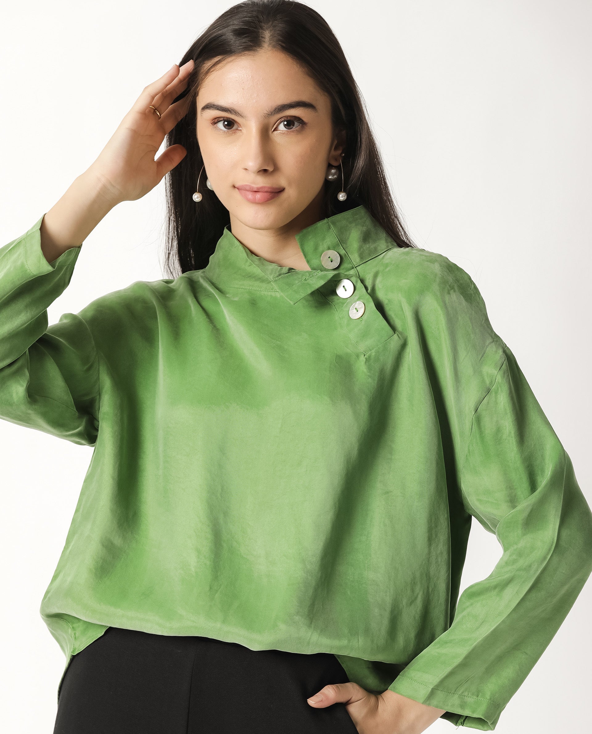 Rareism Womens Mawa Green Top Full Sleeve High Collared