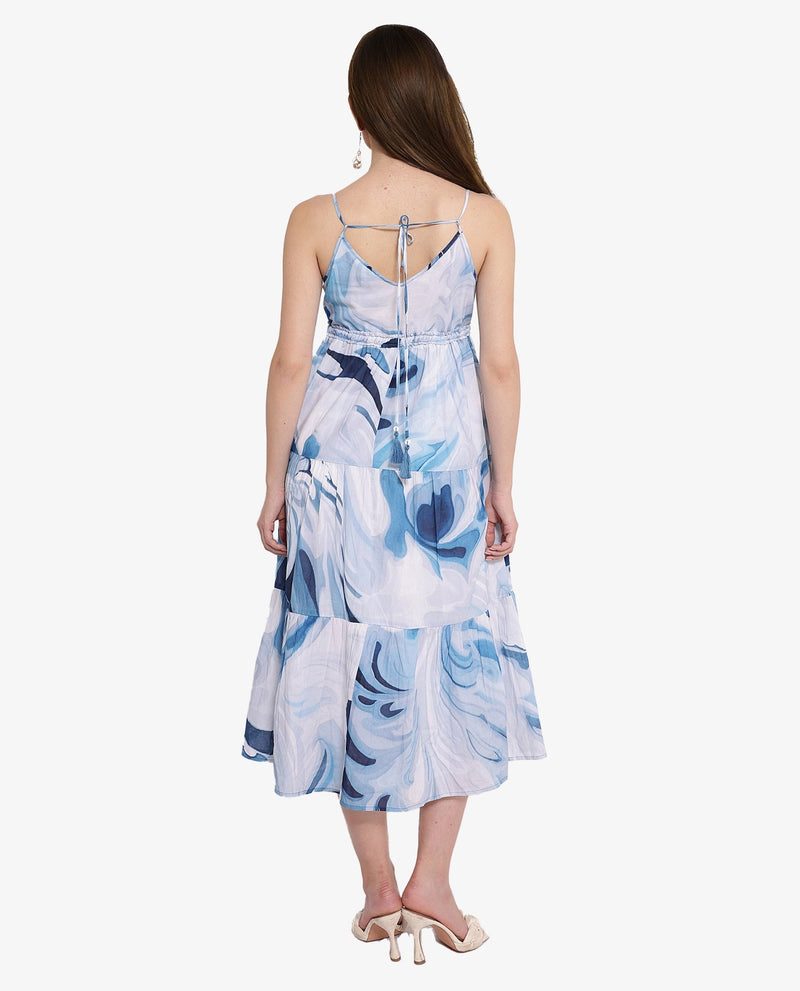 Rareism Women Maxicalli Blue Shoulder Straps Fit And Flare Abstract Print Midi Dress