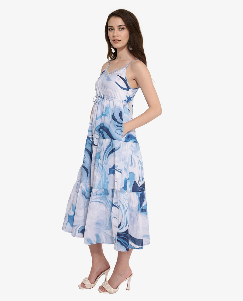 Rareism Women Maxicalli Blue Shoulder Straps Fit And Flare Abstract Print Midi Dress