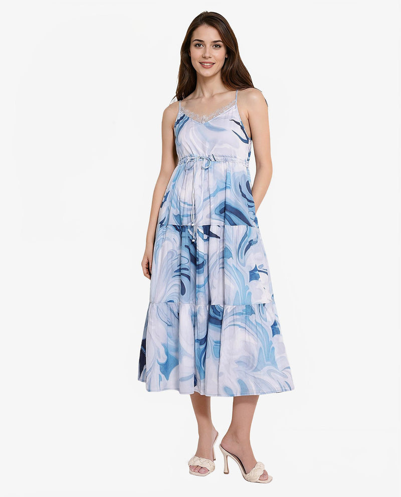 Rareism Women Maxicalli Blue Shoulder Straps Fit And Flare Abstract Print Midi Dress