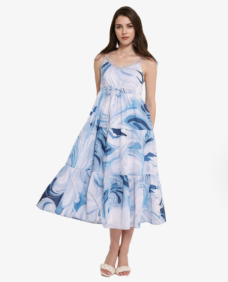 Rareism Women Maxicalli Blue Shoulder Straps Fit And Flare Abstract Print Midi Dress