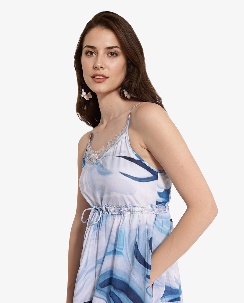 Rareism Women Maxicalli Blue Shoulder Straps Fit And Flare Abstract Print Midi Dress