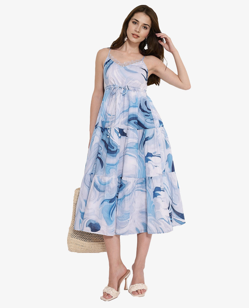 Rareism Women Maxicalli Blue Shoulder Straps Fit And Flare Abstract Print Midi Dress