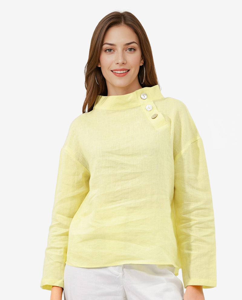 Rareism Women Mayotte Pastel Yellow Cotton Linen Fabric Regular Sleeves Collared Neck Solid Regular Length Top