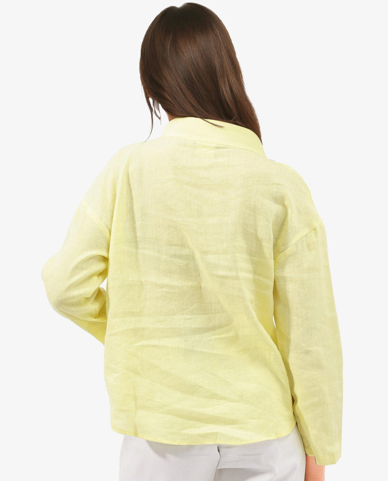 Rareism Women Mayotte Pastel Yellow Cotton Linen Fabric Regular Sleeves Collared Neck Solid Regular Length Top