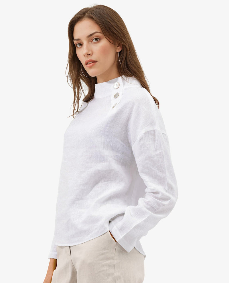 Rareism Women Mayotte White Cotton Linen Fabric Regular Sleeves Collared Neck Solid Regular Length Top