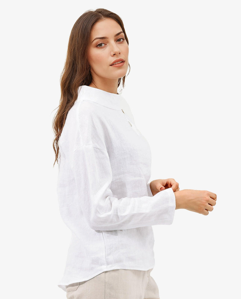 Rareism Women Mayotte White Cotton Linen Fabric Regular Sleeves Collared Neck Solid Regular Length Top