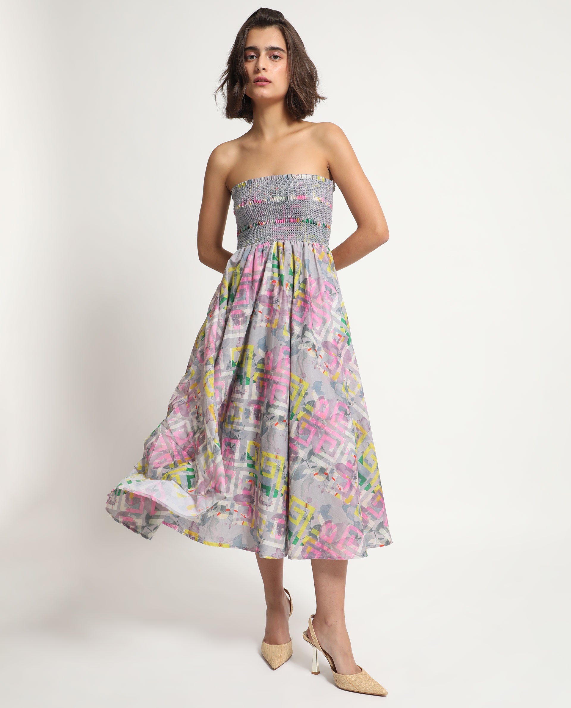 Rareism Women Mazon Multi Cotton Fabric Sleeveless Tube Neck Shoulder Straps Fit And Flare Floral Print Midi Empire Dress