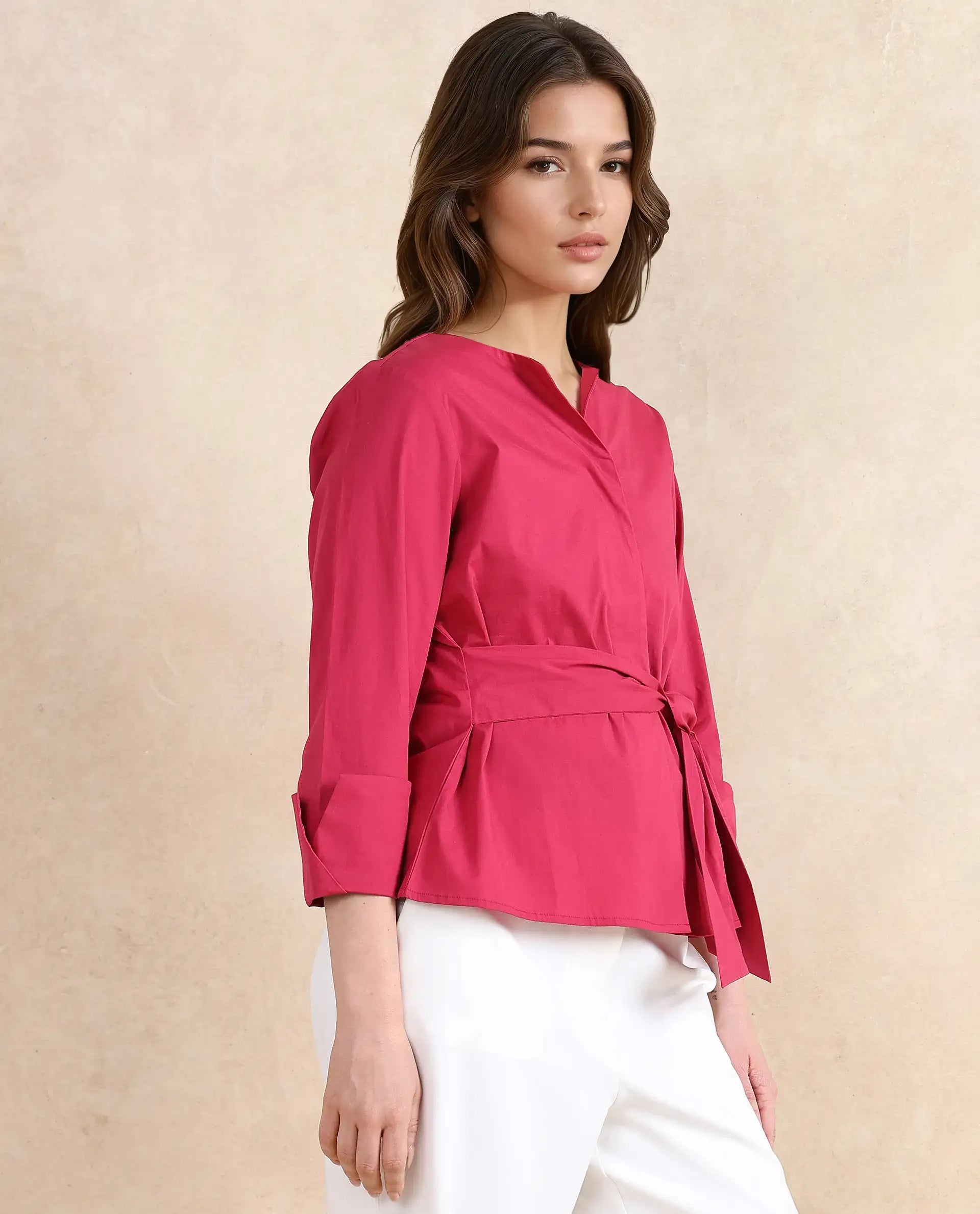 Rareism Women's Medui Dark Pink Cotton Blend Built-Up Neck Plain Regular Fit Top