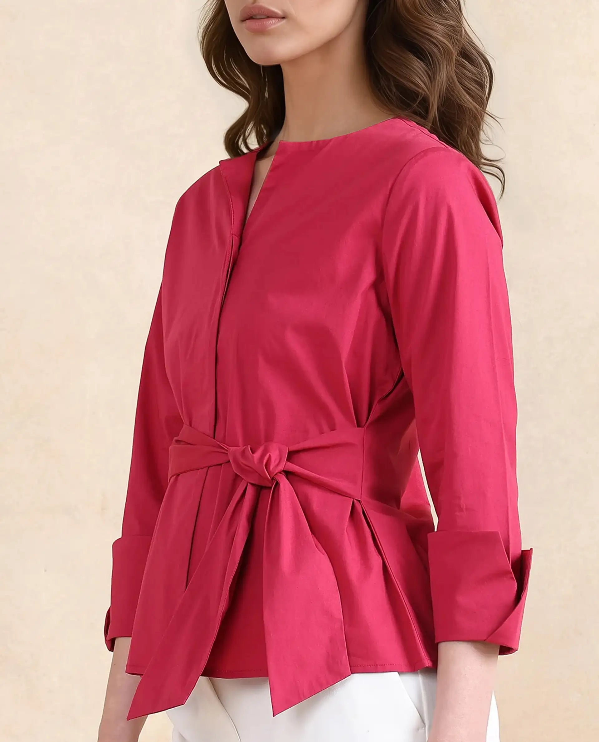 Rareism Women's Medui Dark Pink Cotton Blend Built-Up Neck Plain Regular Fit Top