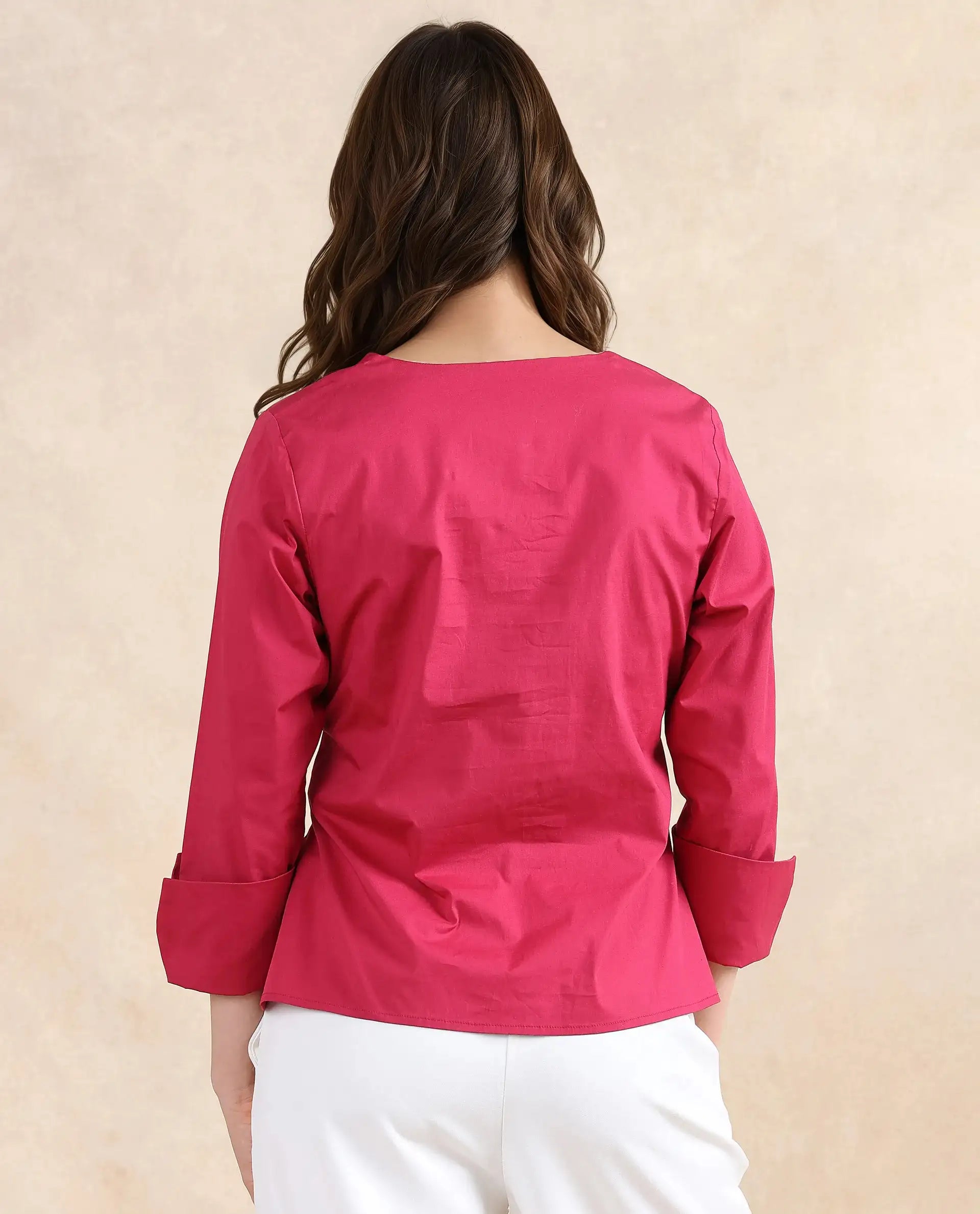 Rareism Women's Medui Dark Pink Cotton Blend Built-Up Neck Plain Regular Fit Top