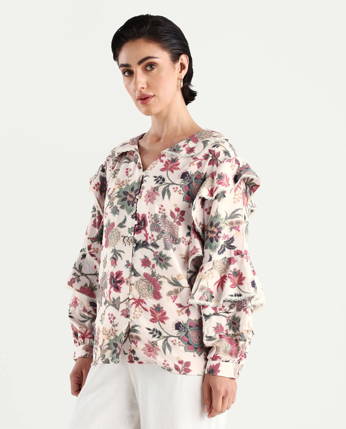 Rareism Women's Mei-T Multi Nylon Blend Peter Pan Collar Floral Print Bishop Sleeve Regular Fit Shirt