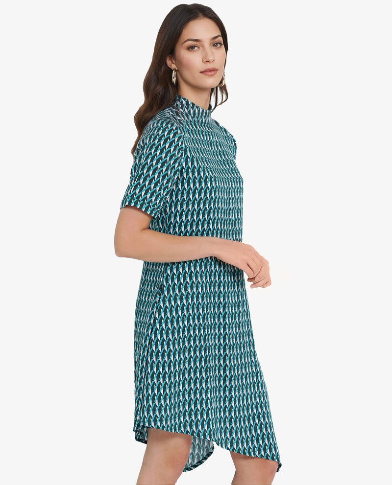 Rareism Women Mello Blue Button Closure Short Sleeve High Neck Geometric Print Knee Length Dress