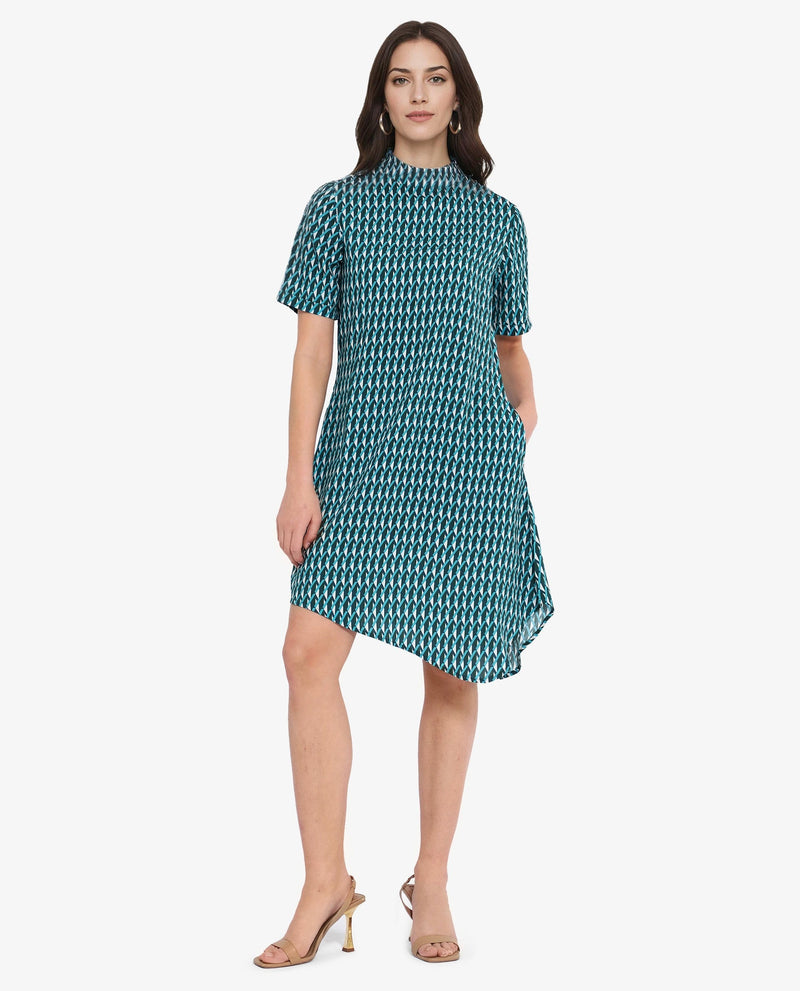 Rareism Women Mello Blue Button Closure Short Sleeve High Neck Geometric Print Knee Length Dress