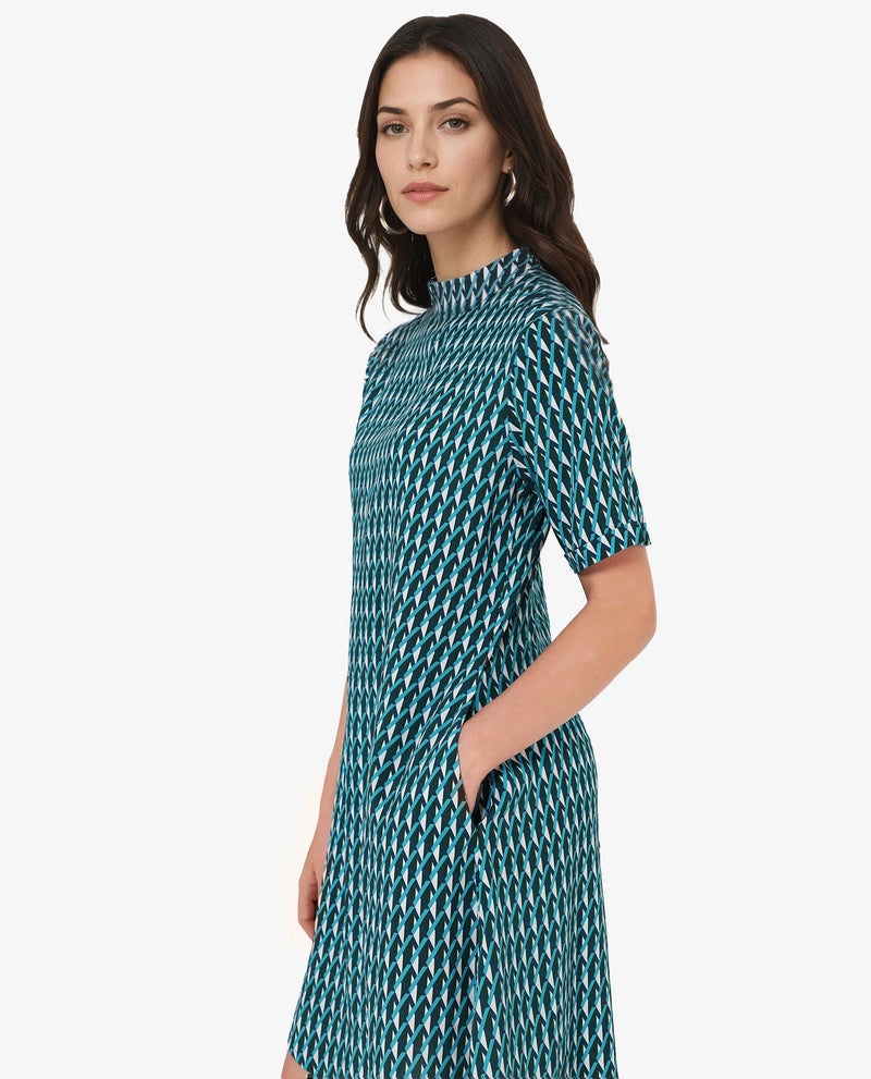 Rareism Women Mello Blue Button Closure Short Sleeve High Neck Geometric Print Knee Length Dress