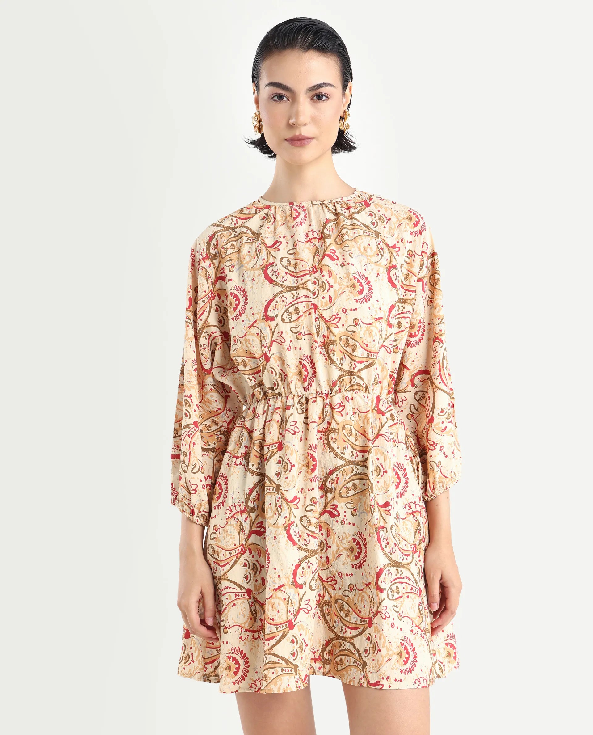 Rareism Women's Mellona Multi Viscose Blend Round Neck Paisley Print Mini Fit And Flare Dress