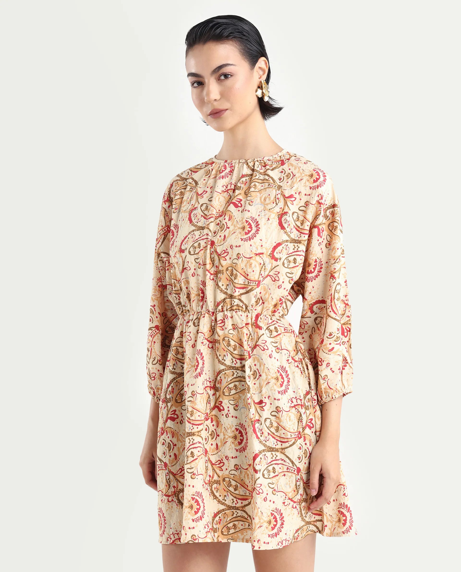 Rareism Women's Mellona Multi Viscose Blend Round Neck Paisley Print Mini Fit And Flare Dress